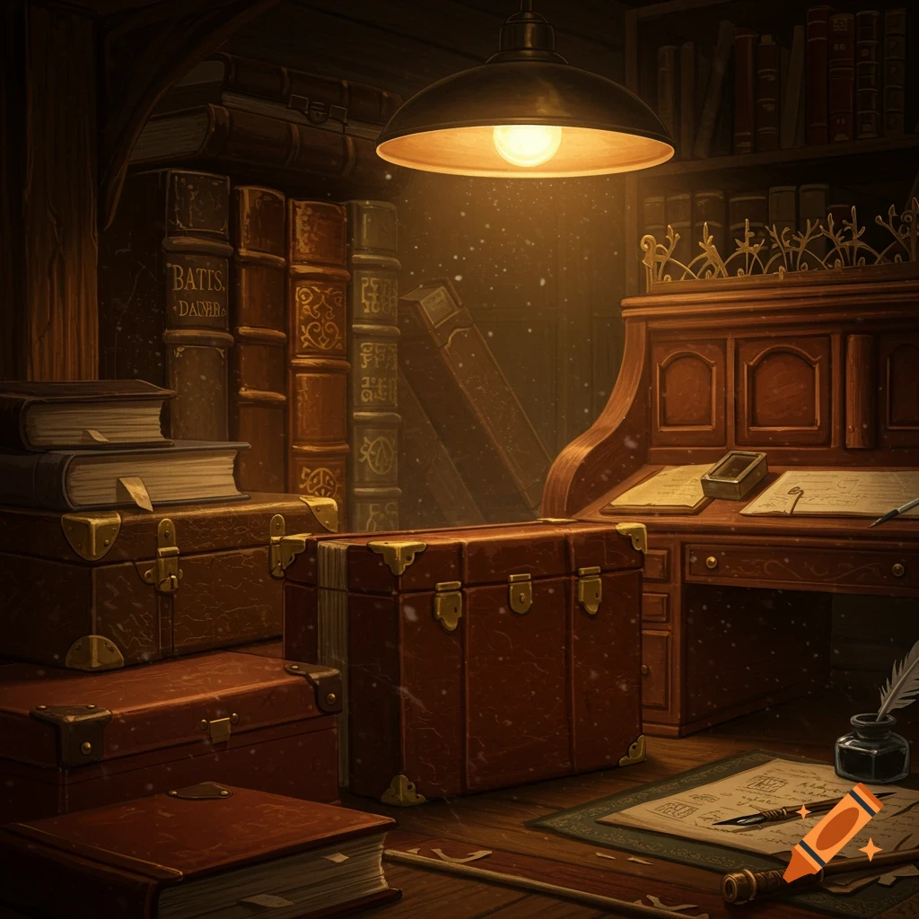 A cozy, dimly lit vintage study with stacks of old books, closed trunks, a wooden desk with papers, and a glowing overhead lamp.