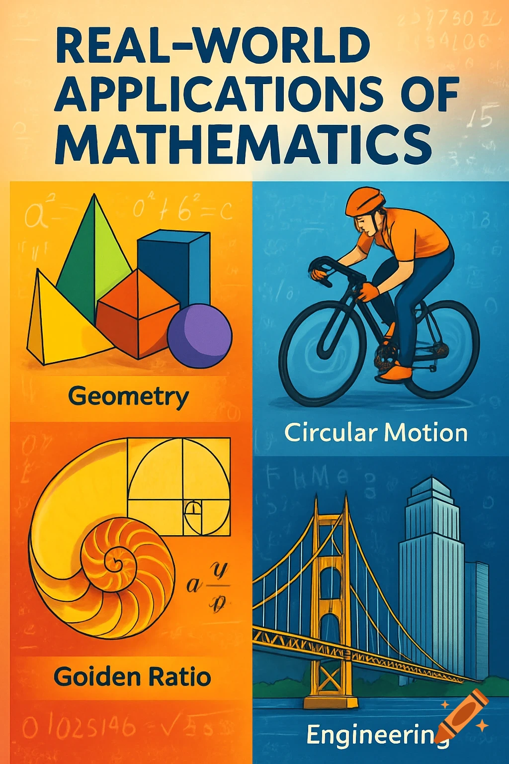 A poster with four panels illustrating real-world applications of mathematics, including geometry shapes, a cyclist for circular motion, a golden ratio spiral, and a bridge with a building for engineering. The title reads 'REAL-WORLD APPLICATIONS OF MATHEMATICS'.