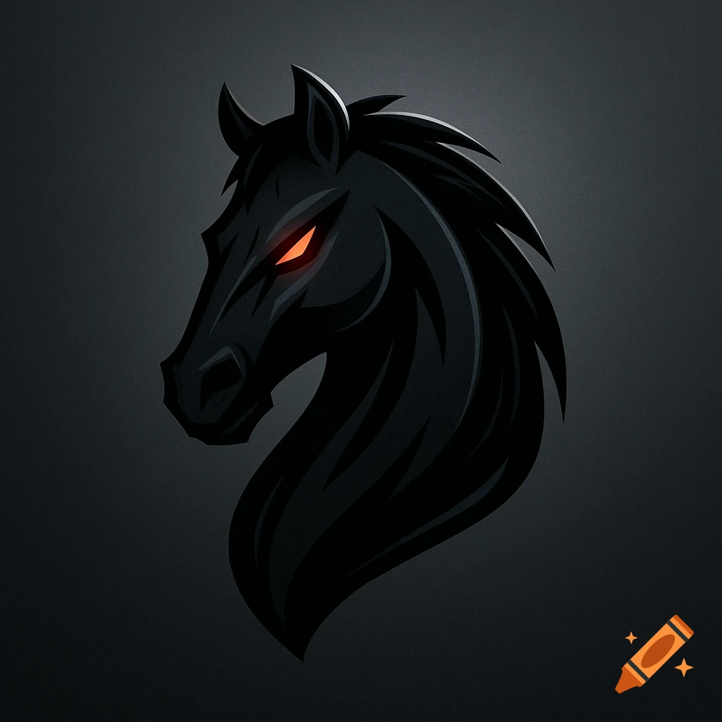 A stylized black horse head logo with glowing red eyes, against a dark background.