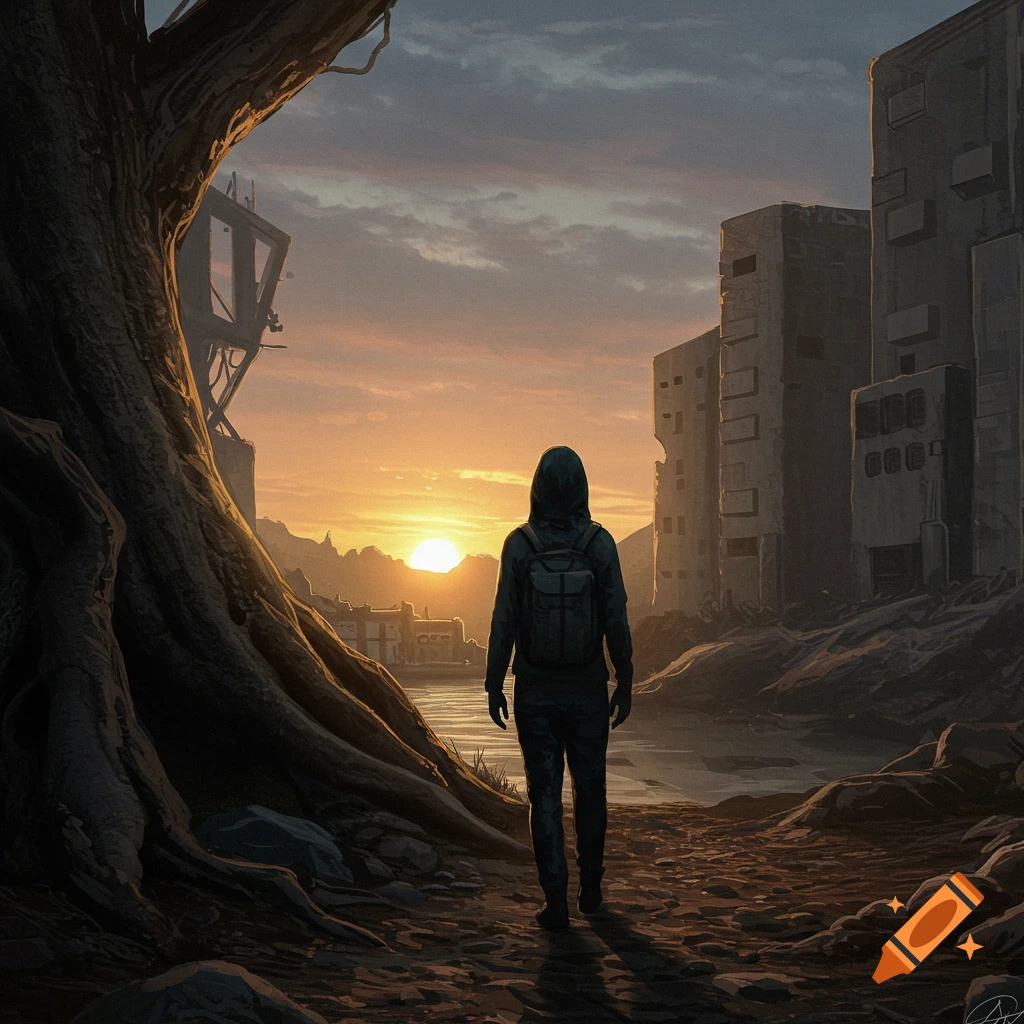 A lone hooded figure with a backpack walks away from the viewer on a dirt path through a ruined, post-apocalyptic city at sunset.