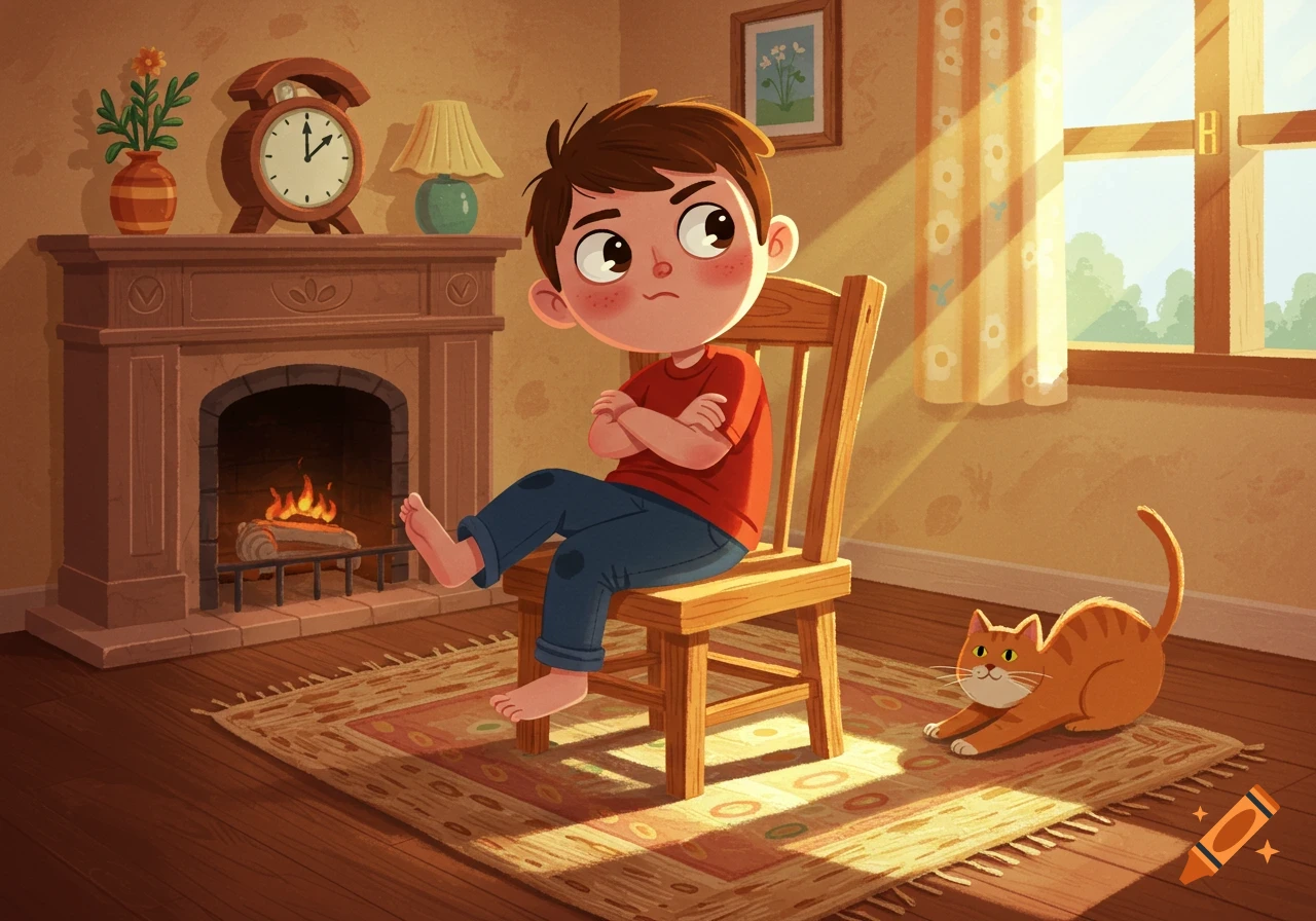 Cartoon boy sitting on a chair impatiently in a cozy room with a fireplace and an orange cat stretching.