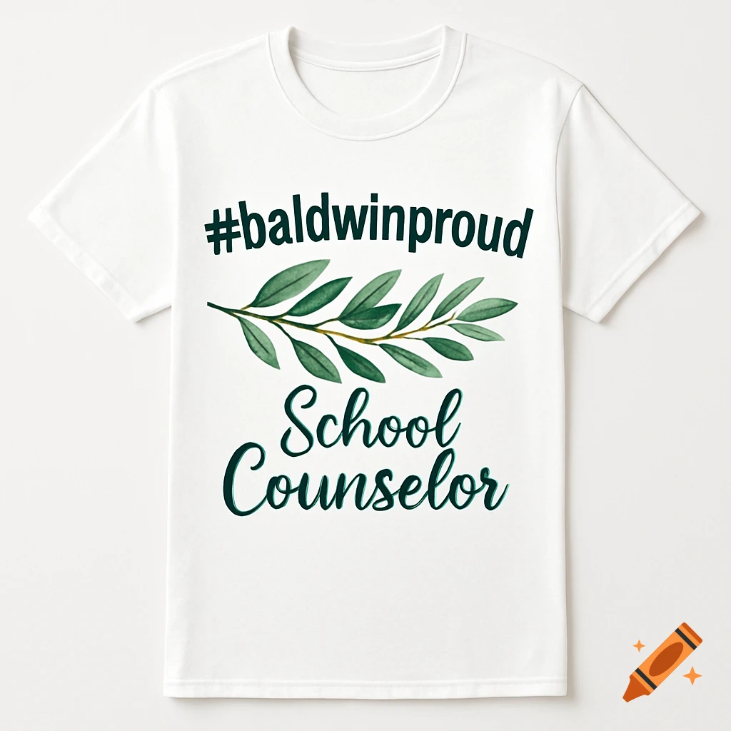 A white T-shirt featuring the text '#baldwinproud' and 'School Counselor' in dark green, separated by a green olive branch illustration.