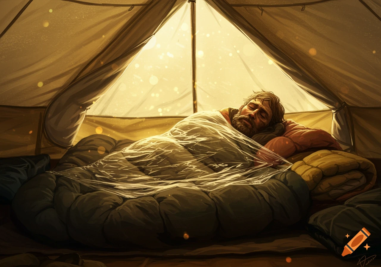 An illustration of a bearded man sleeping in a sleeping bag, wrapped in clear film, inside a sunlit tent.