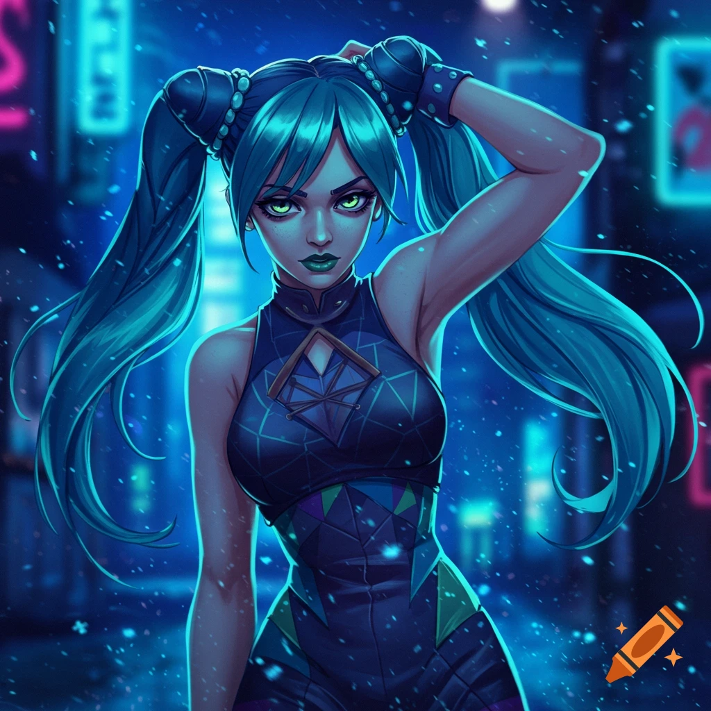 Digital art illustration of Jolyne Cujoh with teal pigtails and green eyes in a dark, neon-lit cyberpunk city.
