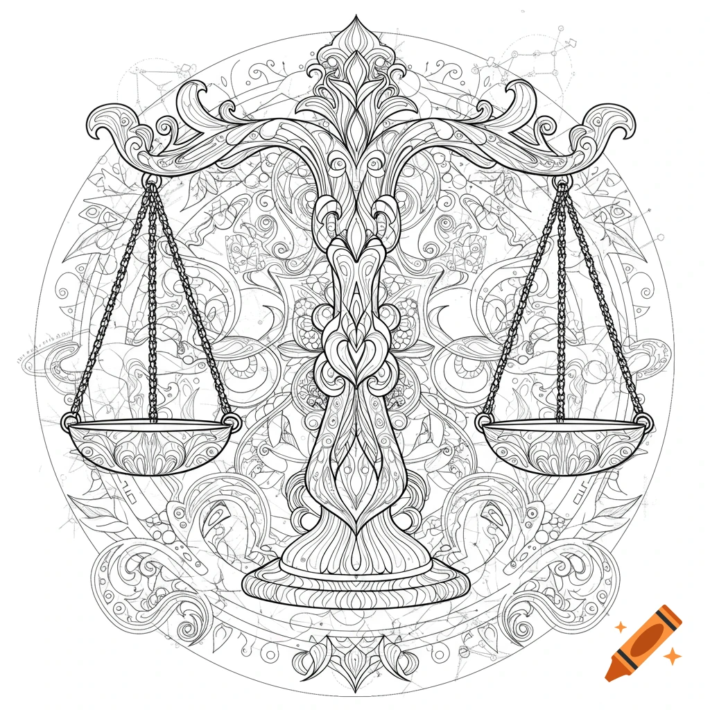 Ornate black and white line art of a balance scale, representing the Libra zodiac symbol.