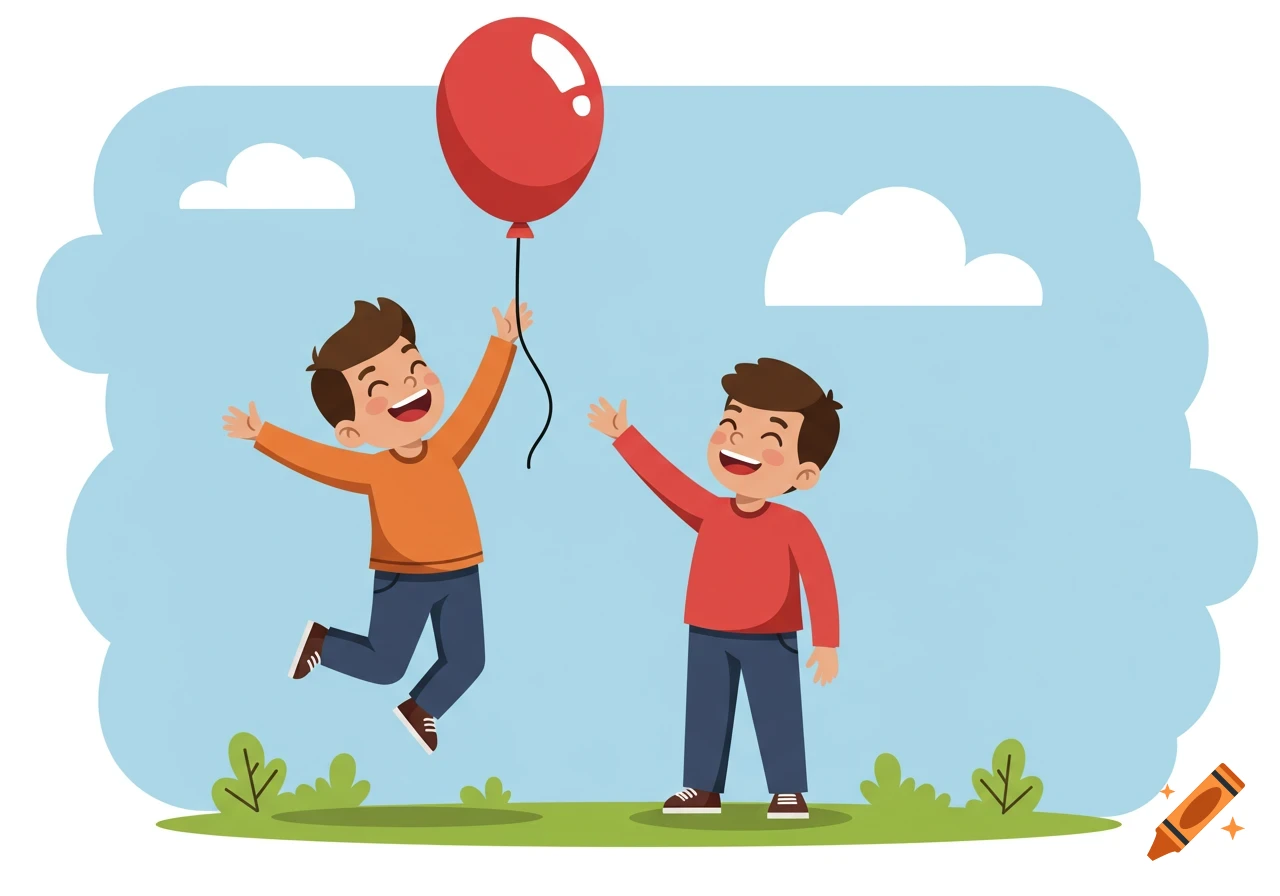 Two happy cartoon boys playing with a red balloon outdoors. One boy jumps to reach the balloon while the other watches.
