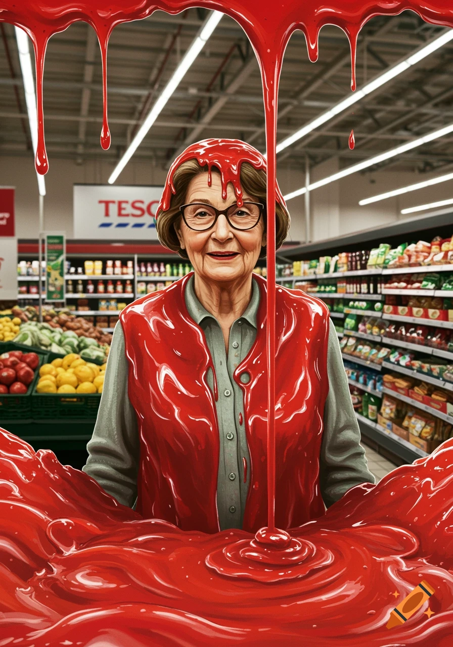 An older woman with glasses and brown hair, covered in red goo, stands in a Tesco supermarket aisle.