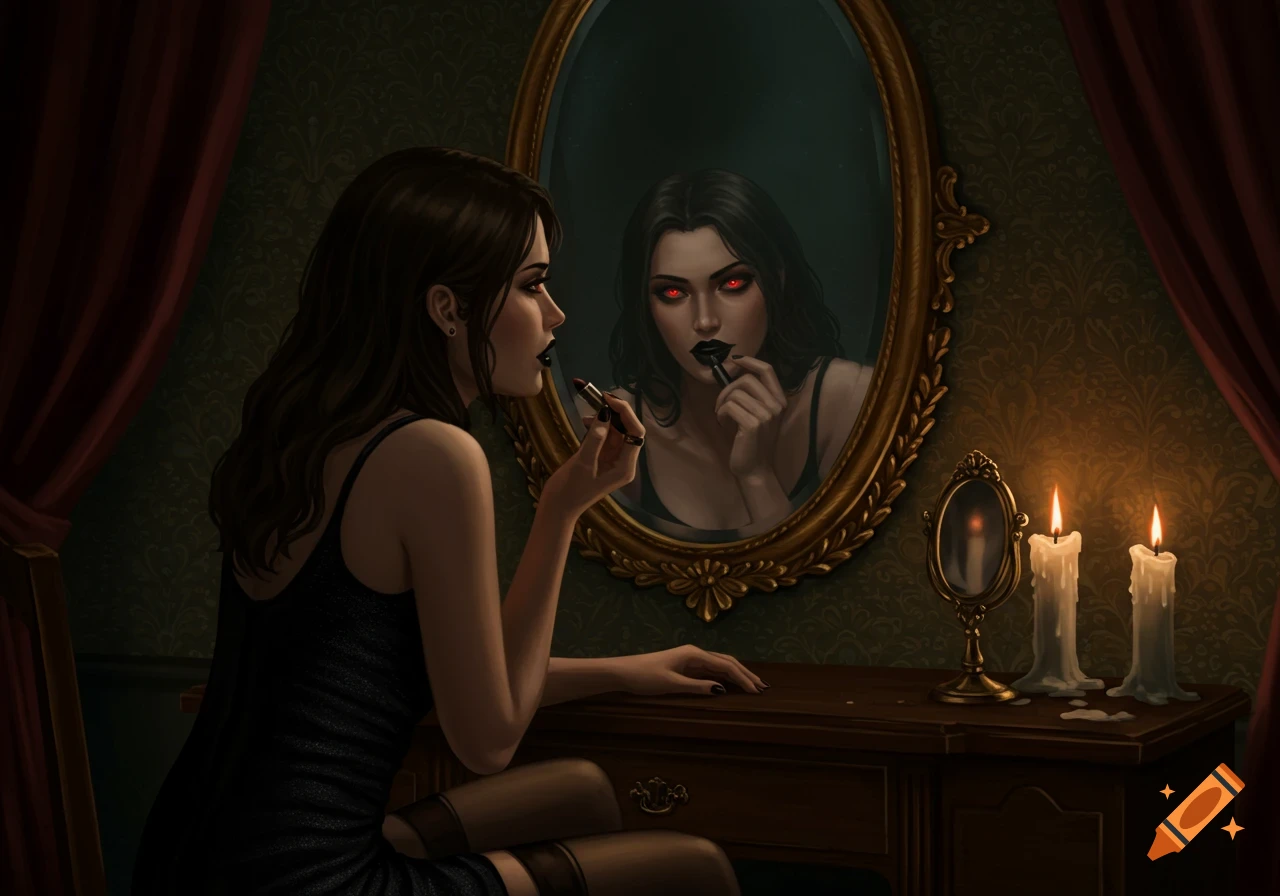 A woman in a dark dress applies black lipstick, seeing a red-eyed seductress reflection in her mirror.