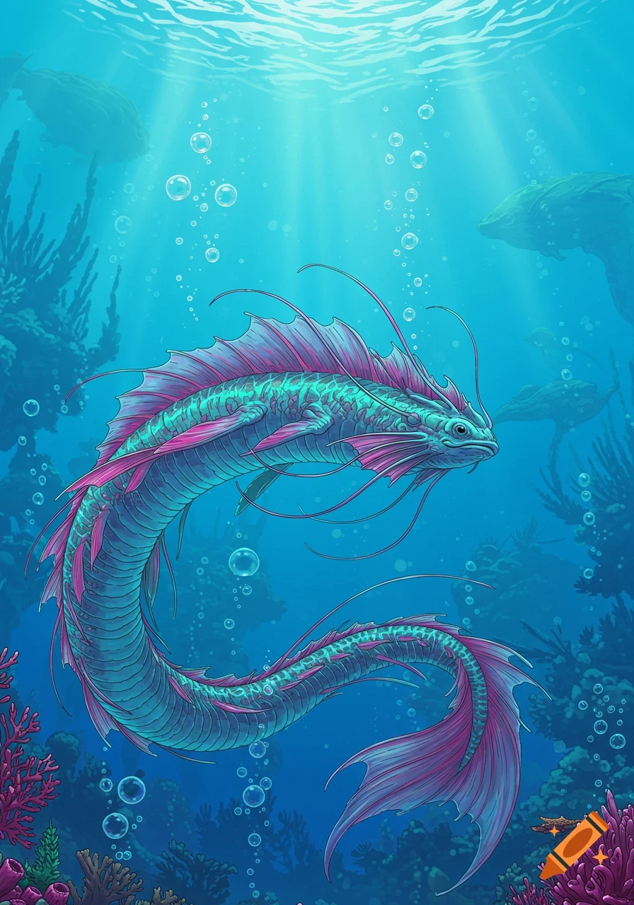 A vibrant teal and pink fantasy sea creature swims in a stylized underwater scene with light rays and coral.