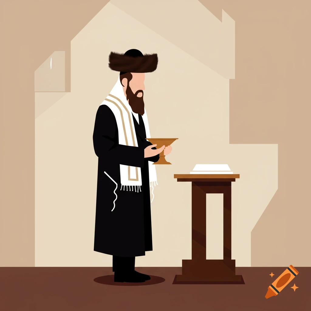 A minimalist illustration of a Chasidic Jewish man in a shtreimel and tallit holding a Kiddush cup next to a table with a book.