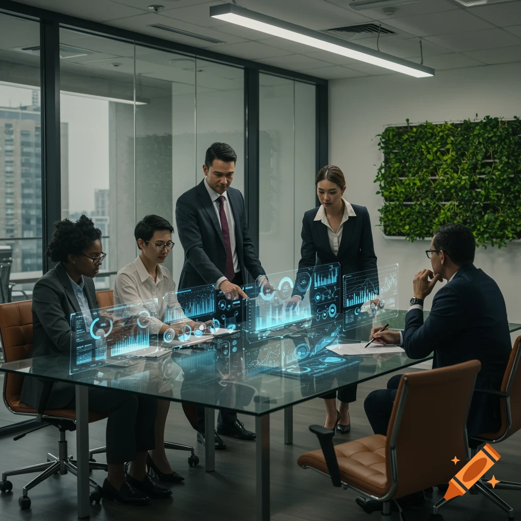Business professionals in a modern office boardroom interact with futuristic holographic data displays, showing charts and graphs during a meeting.