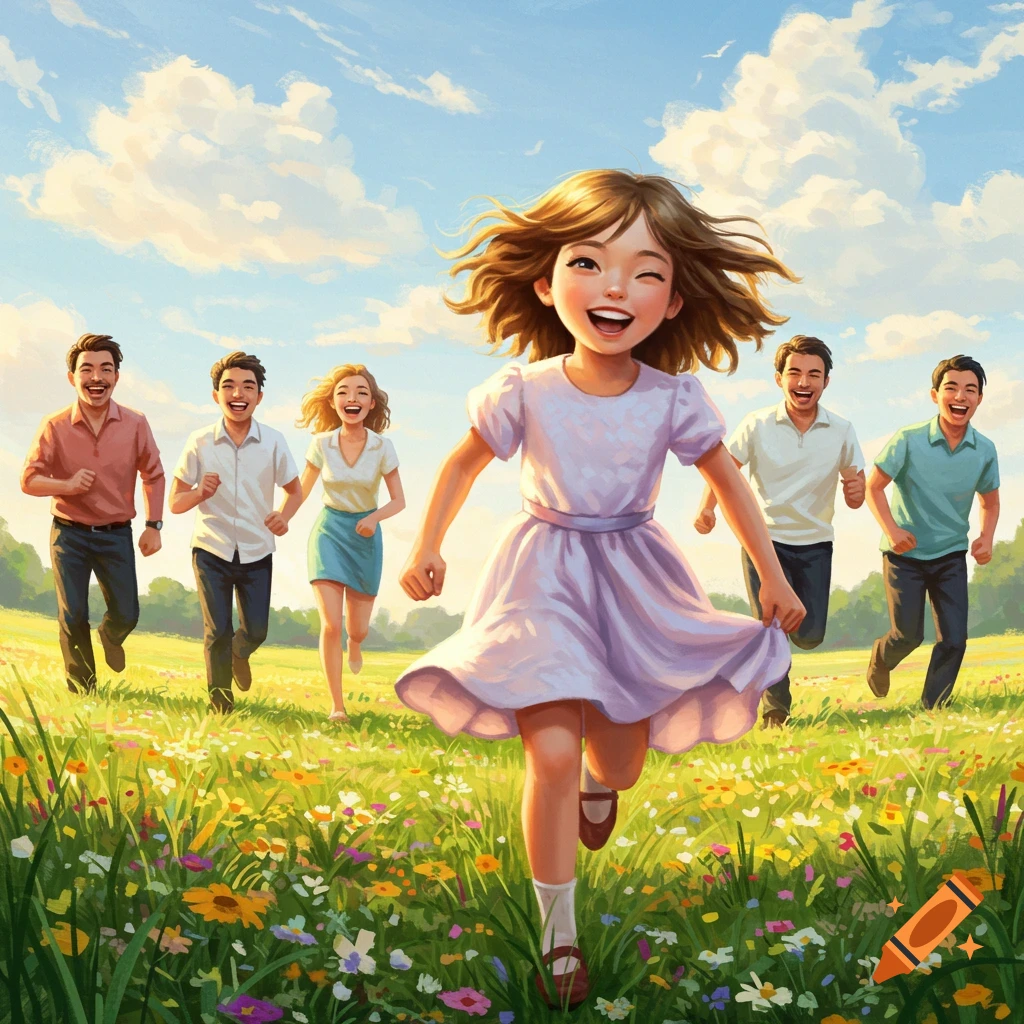 An illustration of a happy young girl with brown hair running through a colorful flower field, chased by five smiling adults under a bright sky.