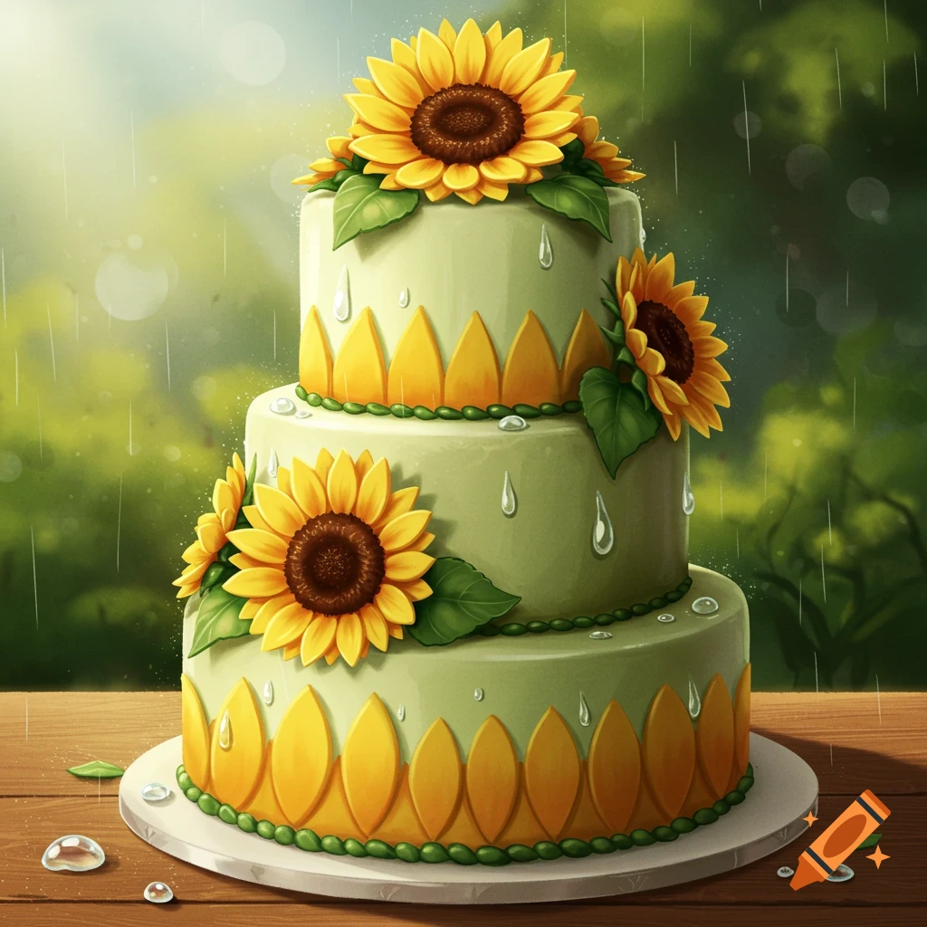 A three-tiered light green cake decorated with yellow sunflowers and green borders, with raindrops on its frosting, sits on a wooden table.