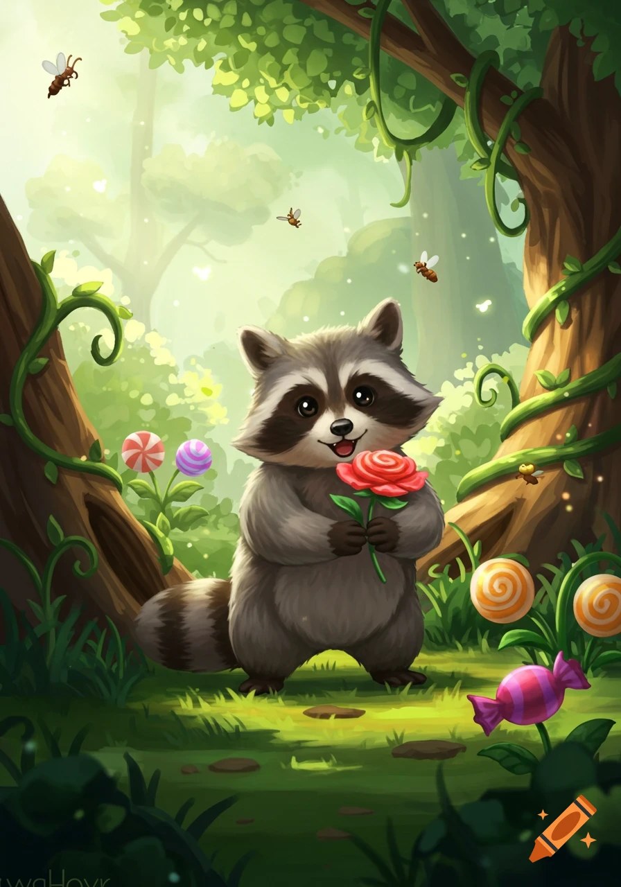 A cute cartoon raccoon holding a red rose in a magical forest with giant lollipops and flying bees.
