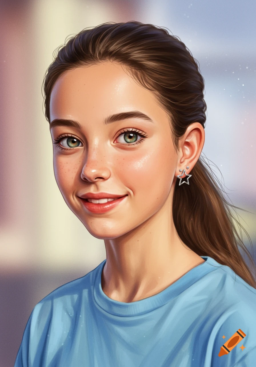 Stylized digital portrait of a smiling teenage girl with brown hair in a ponytail, green eyes, freckles, and a blue t-shirt.