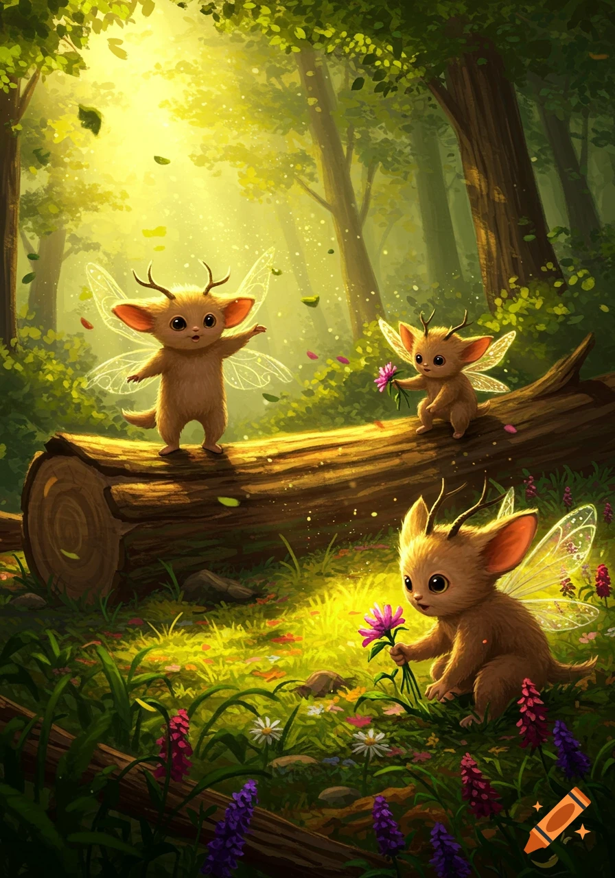 Three cute, furry, winged creatures with small antlers in a sunlit fantasy forest. One stands on a log, two hold pink flowers among wildflowers.