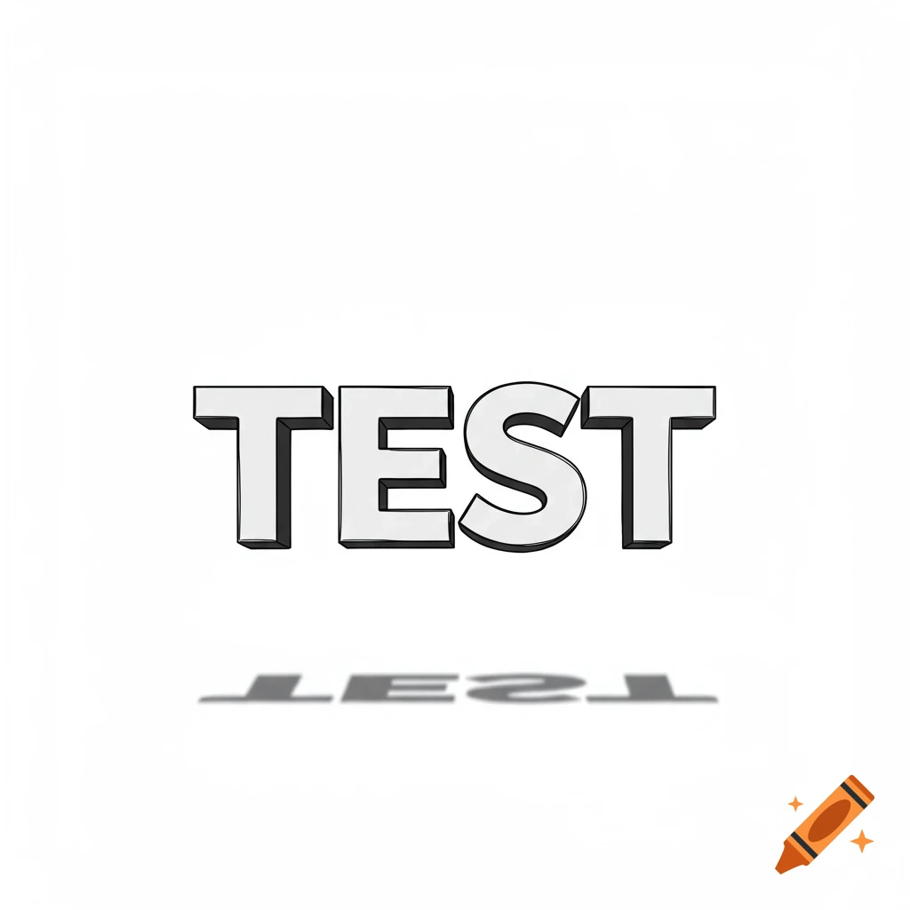 The word 'TEST' in bold, white 3D letters with a black outline, casting a reflection and shadow on a white background.
