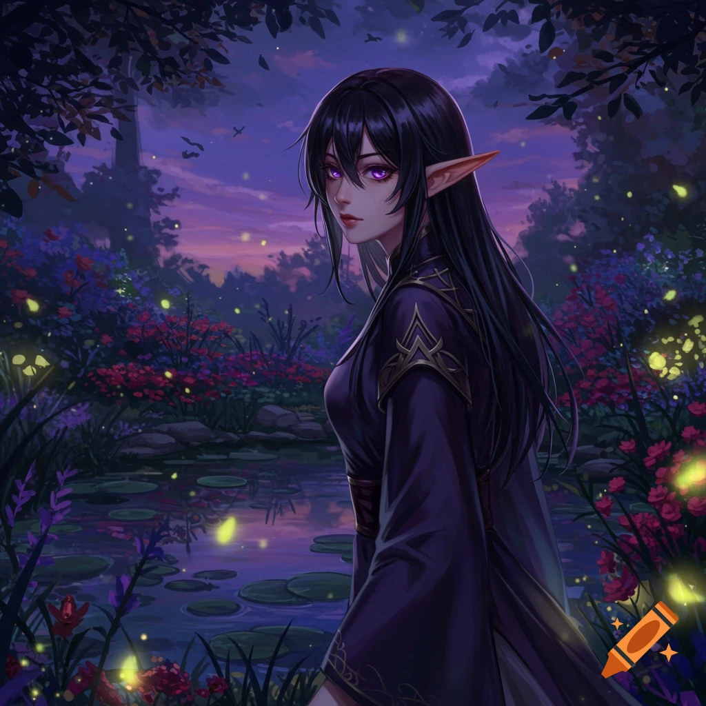 An anime elf girl with long black hair and purple eyes stands in a dark, mystical forest with fireflies and a pond.