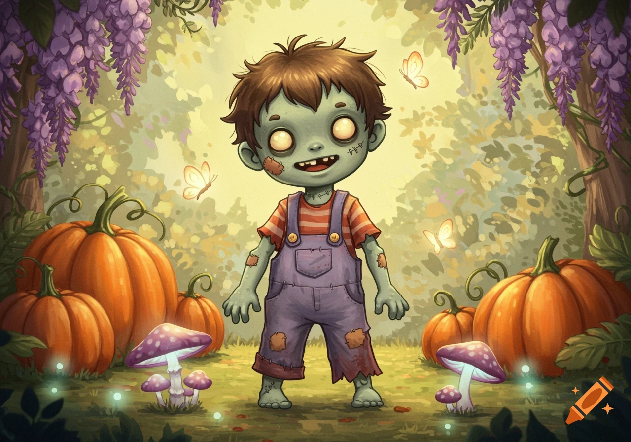 A cute, cartoon zombie boy with greenish skin, stitches, and overalls stands among pumpkins, purple mushrooms, and wisteria in a whimsical forest.