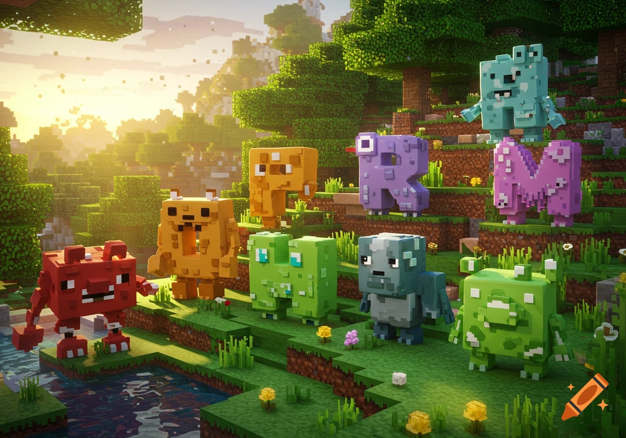 Blocky alphabet-shaped monsters standing in a lush, sunny Minecraft-style landscape with trees and water.