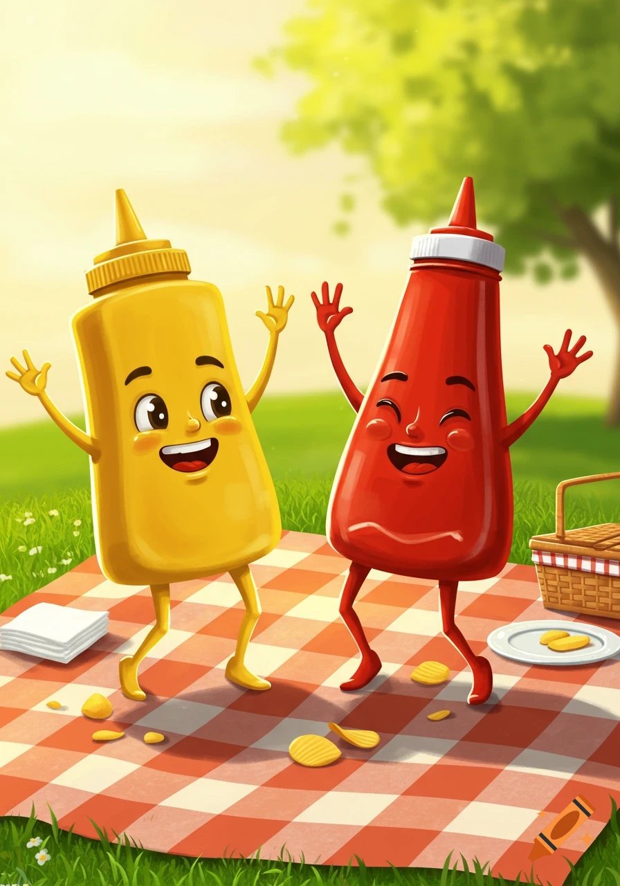 Happy anthropomorphic mustard and ketchup bottles dance on a red and white checkered picnic blanket in a sunny park.