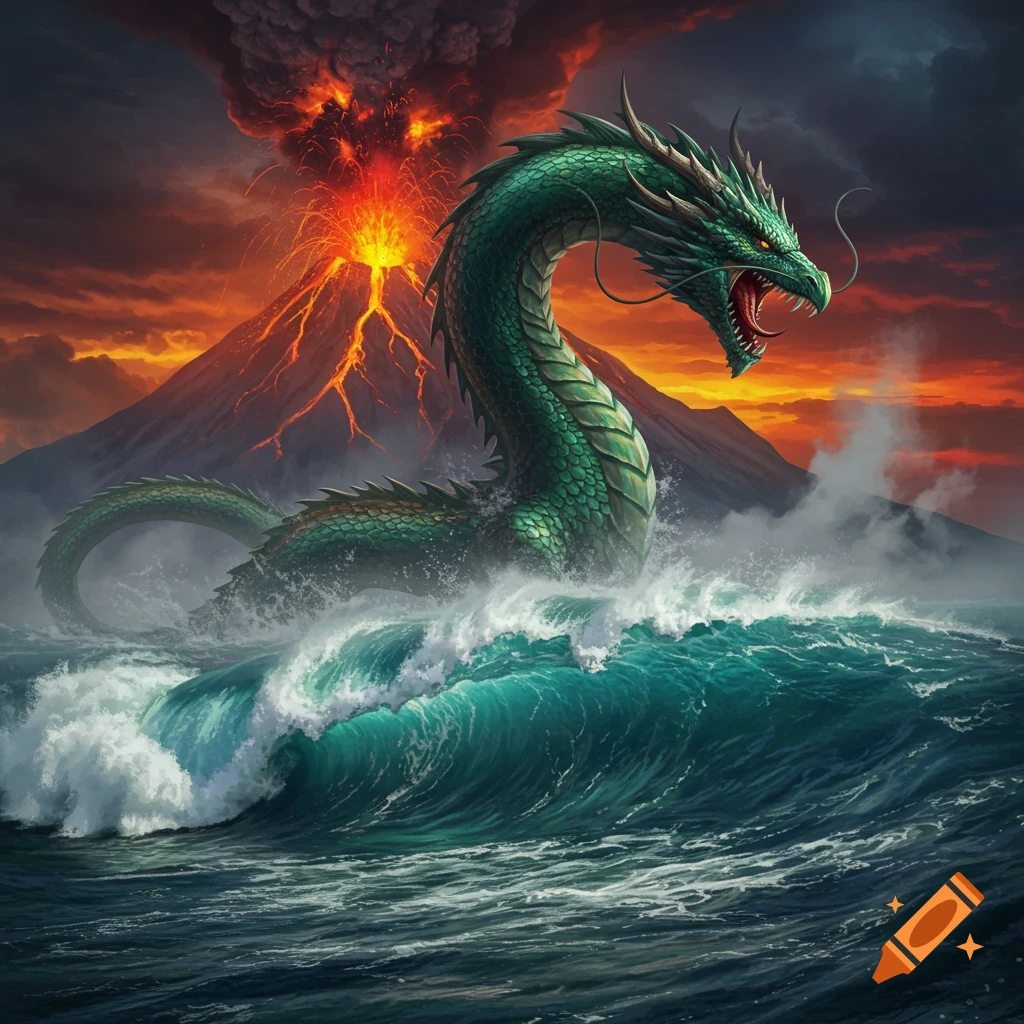 A large green dragon emerges from tumultuous ocean waves with an erupting volcano in the background under an orange and dark sky.