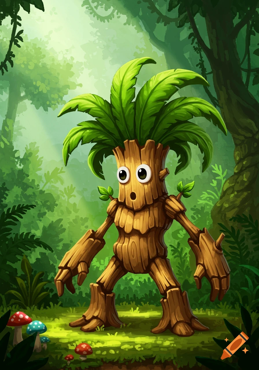 A cartoon tree-like character with palm leaf hair and wide eyes stands in a vibrant green forest, with small mushrooms at its feet.