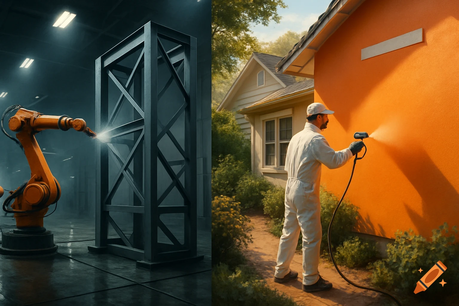 A split image showing an orange robotic arm spray painting a dark metal structure in a factory and a man spray painting an orange house wall outdoors.