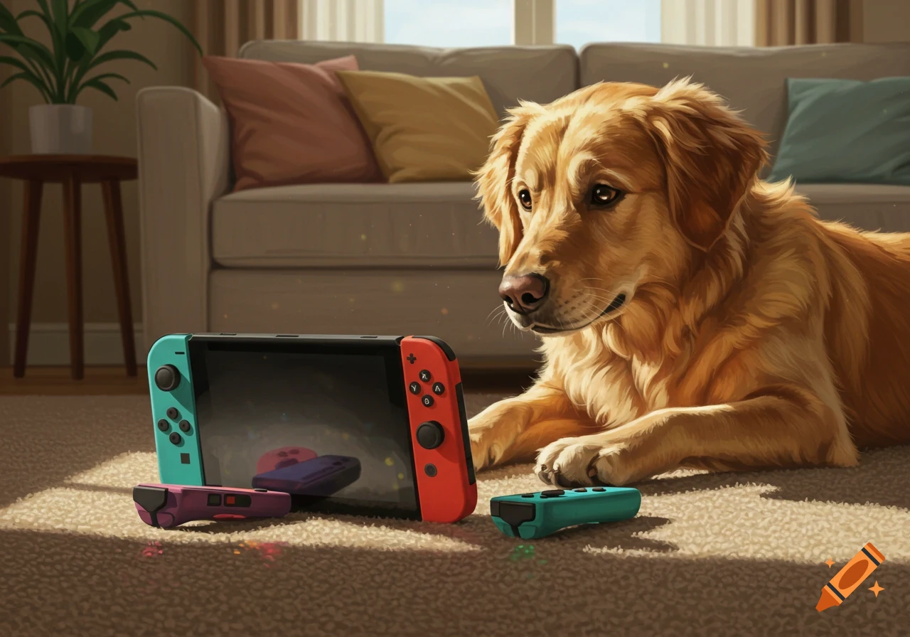 A golden retriever dog lies on a carpet, looking at a Nintendo Switch console with Joy-Cons on the floor in a sunlit living room.