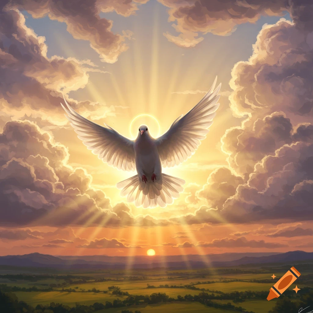A white dove with outstretched wings flies through a golden sunset with sunbeams breaking through dramatic clouds over a green landscape.