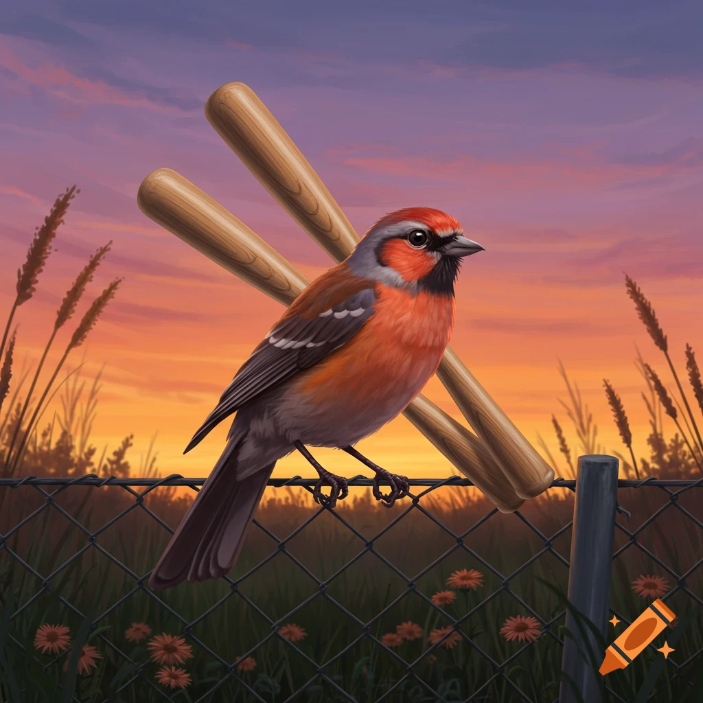 A red and gray bird with baseball bats as wings perches on a chain-link fence with wildflowers during a colorful sunset.
