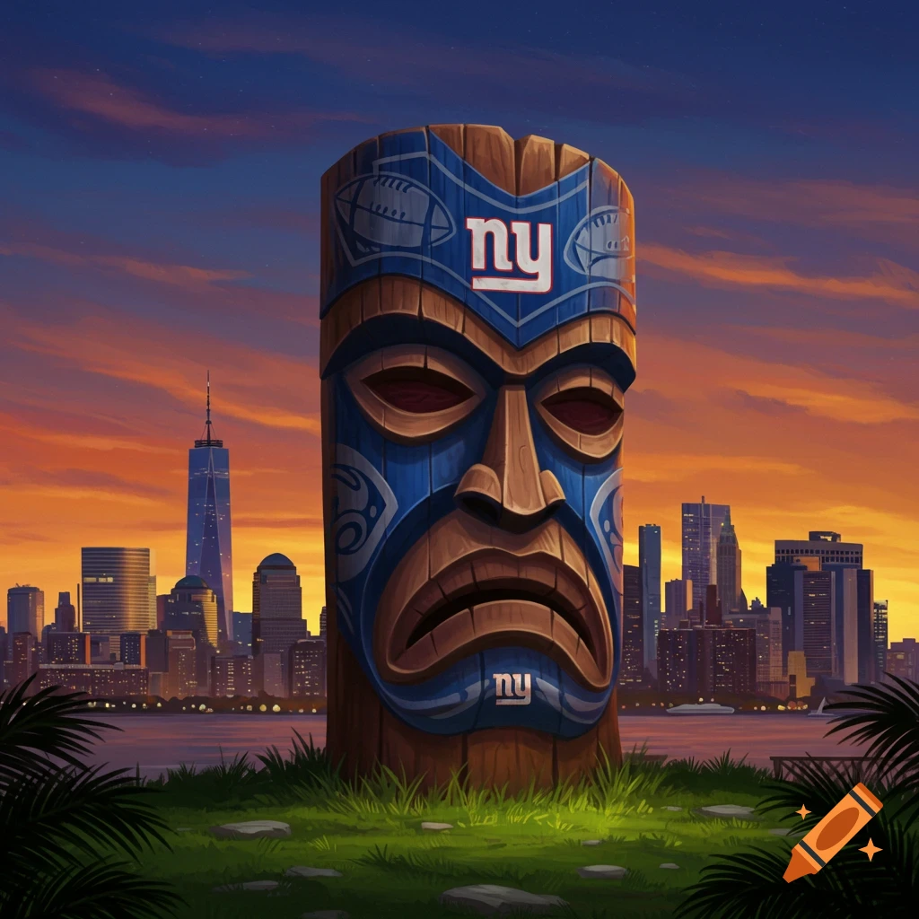 A stylized wooden tiki statue adorned with New York Giants logos, set against a New York City skyline at sunset.