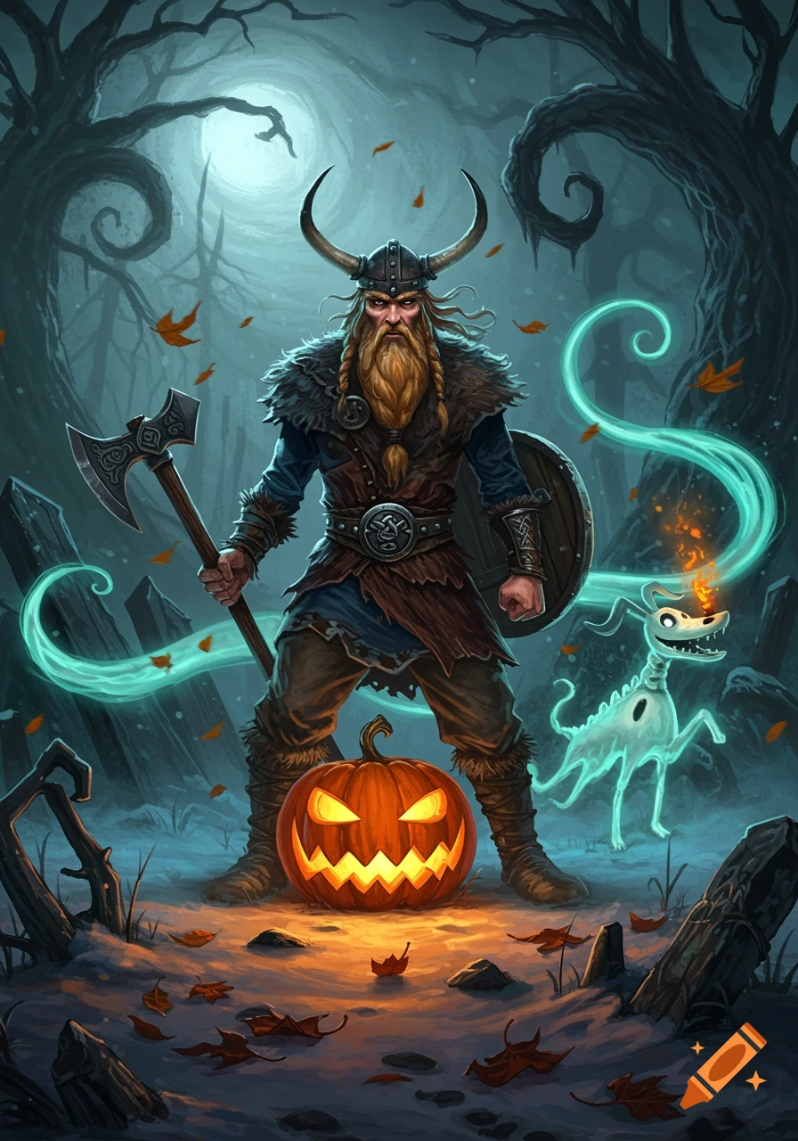 A mighty Viking with an axe and shield stands next to a glowing jack-o'-lantern and a ghostly dog in a dark, spooky forest, illuminated by a pale moon. Stylized fantasy art.