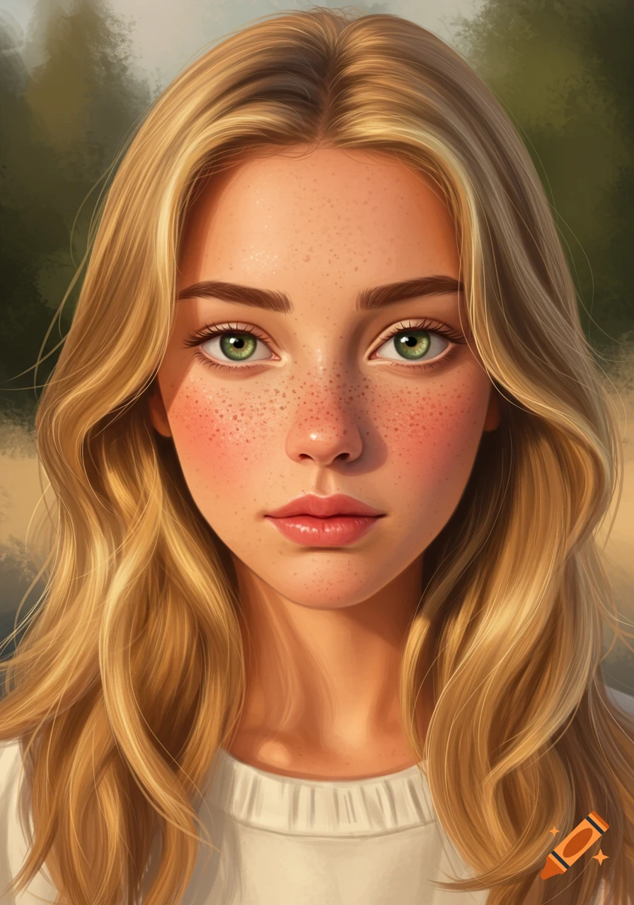 A close-up digital art portrait of a young woman with long blonde hair, green eyes, and freckles.