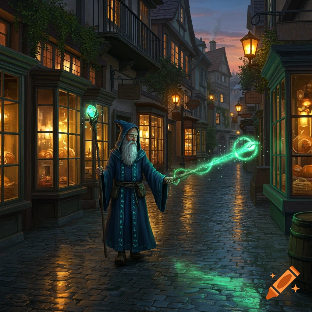 A wizard in a blue robe walks down a cobbled street at night, projecting a green magical beam from his staff.