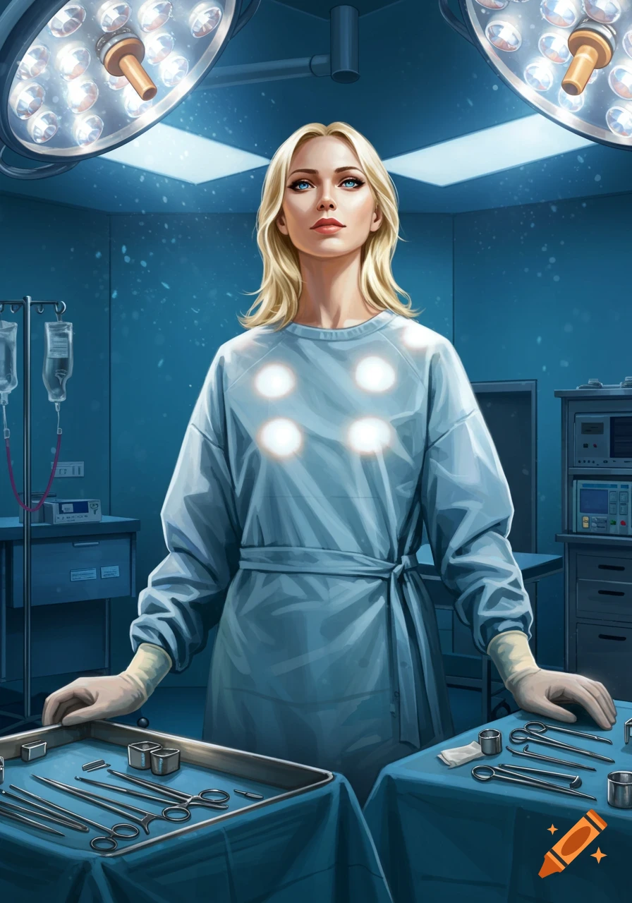 Blonde surgeon in light blue gown and gloves standing in an operating room with surgical lights and instruments.