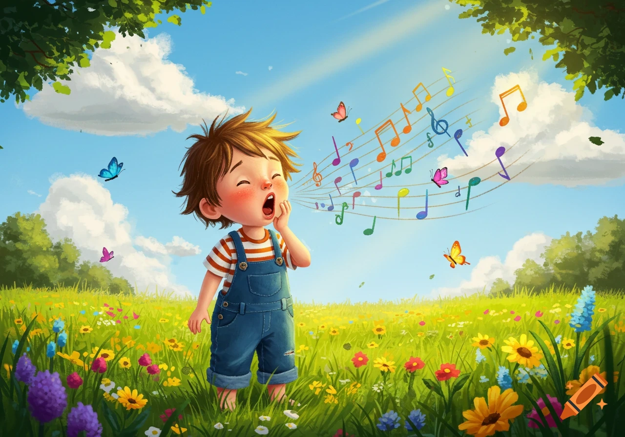 A cartoon child in overalls opens their mouth wide, with colorful musical notes floating out into a bright, sunny field of wildflowers.