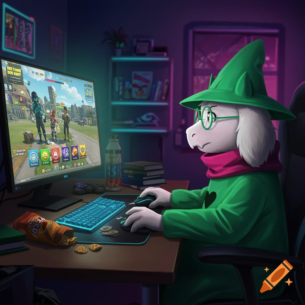 Ralsei from Deltarune plays a video game on a monitor in a neon-lit room with snacks.