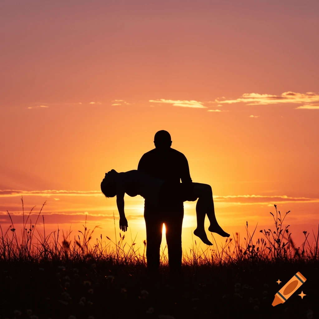 Silhouette of one person carrying another person in a field against an orange sunset.