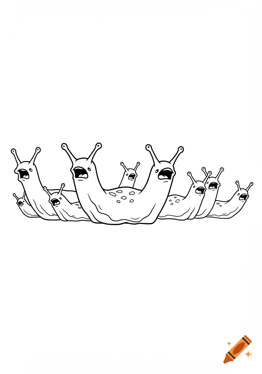 Simple cartoon outline drawing of multiple angry slugs charging forward.