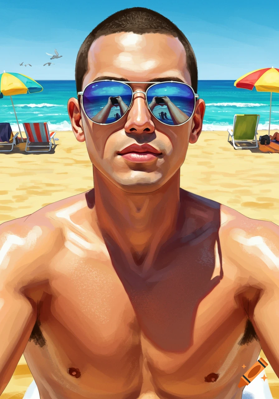 Close-up of a shirtless man with a buzz cut and sunglasses at a sunny beach with the ocean and umbrellas in the background, in an illustrative style.
