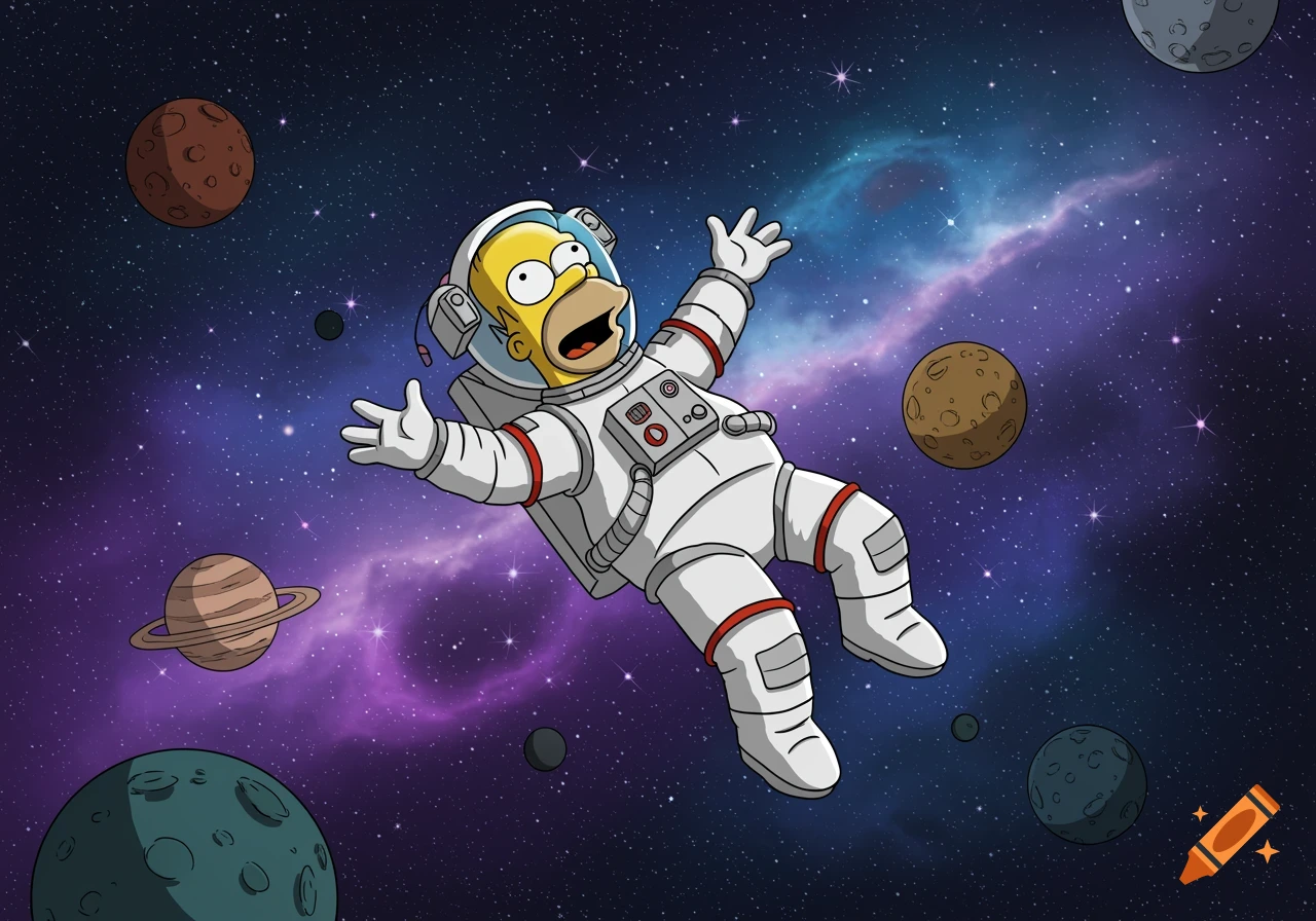 Homer Simpson floats in a white astronaut suit in outer space, surrounded by planets, stars, and a purple-blue nebula, in a cartoon style.