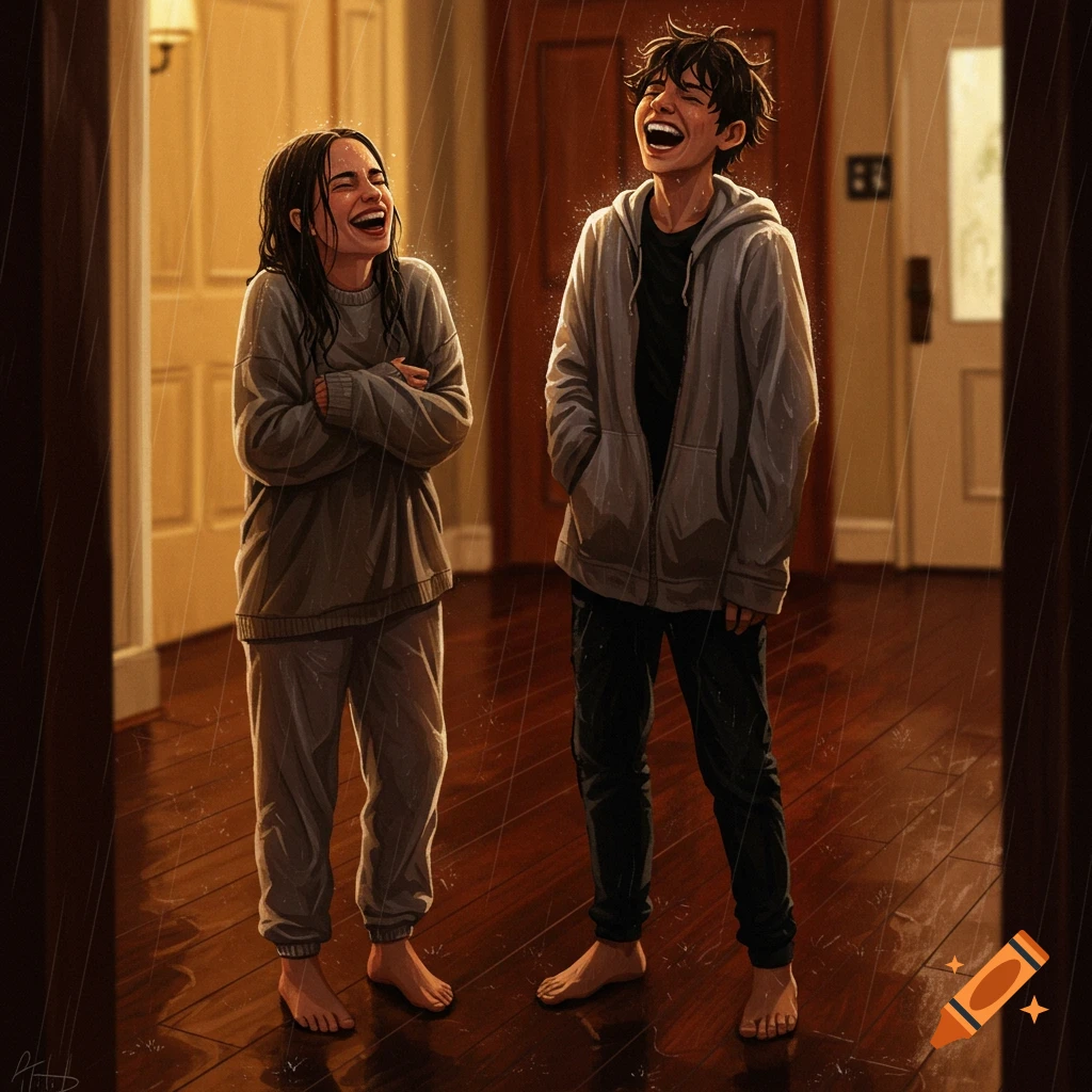 Two laughing young people stand barefoot and soaked in a wet indoor foyer, in a semi-realistic illustration.