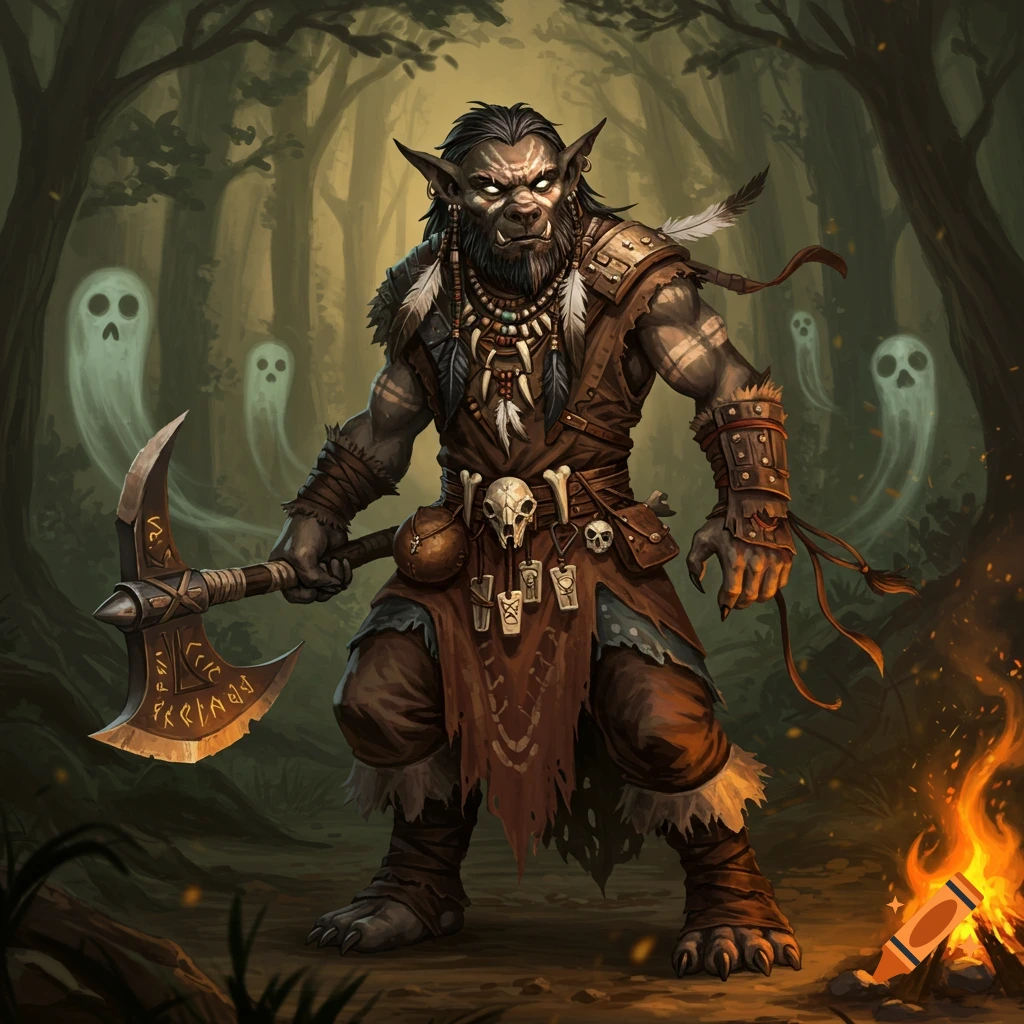 A fierce gnoll witch doctor in tribal attire holds a large axe, standing in a dark forest with glowing-eyed ghosts and a campfire in a detailed fantasy illustration.