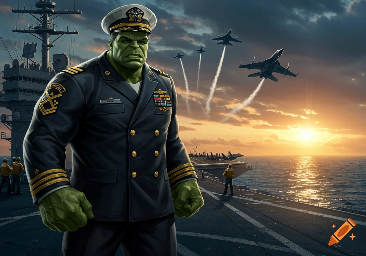 Hulk, in a detailed navy uniform, stands on an aircraft carrier deck as fighter jets fly overhead during sunset.