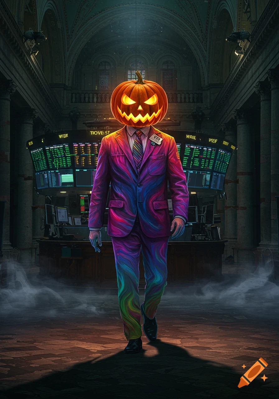 A person with a glowing jack-o'-lantern head in a vibrant rainbow suit walks through a dark stock exchange with glowing screens.
