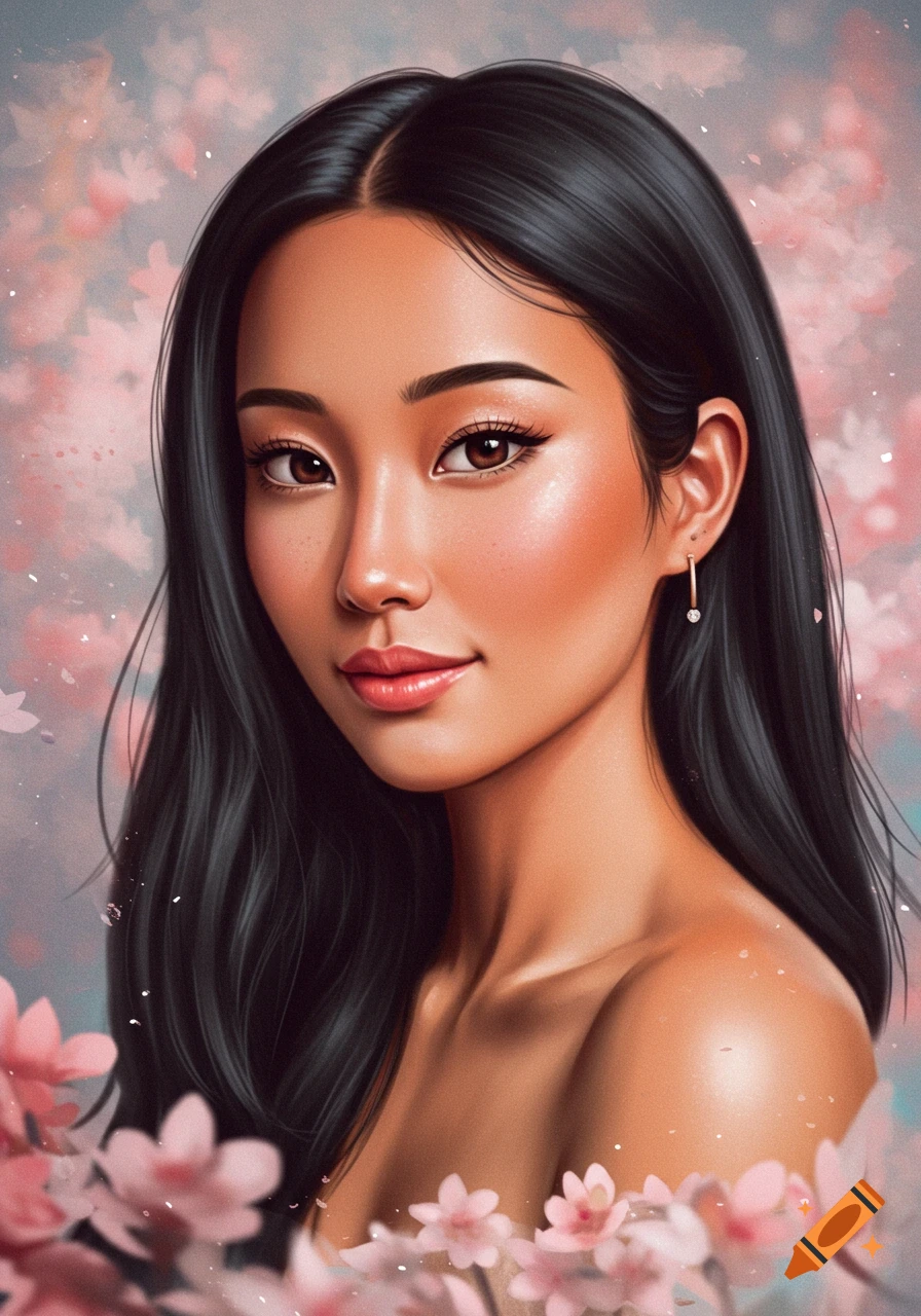 Stylized portrait of a young woman with long dark hair and bare shoulders, surrounded by pink cherry blossoms.