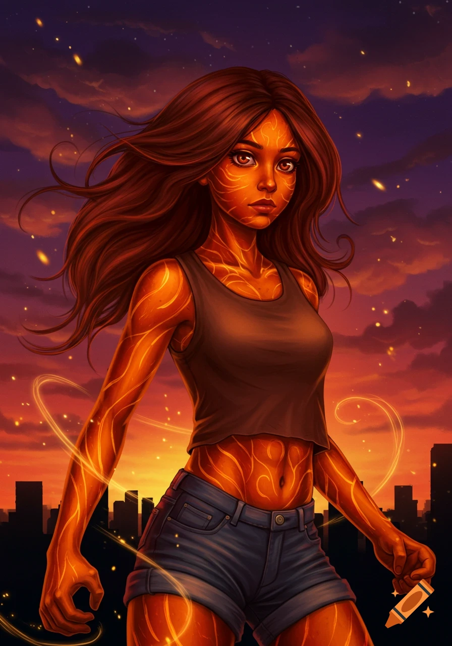 A stylized digital art portrait of a young woman with glowing orange skin patterns and dark hair, standing against a sunset city skyline.