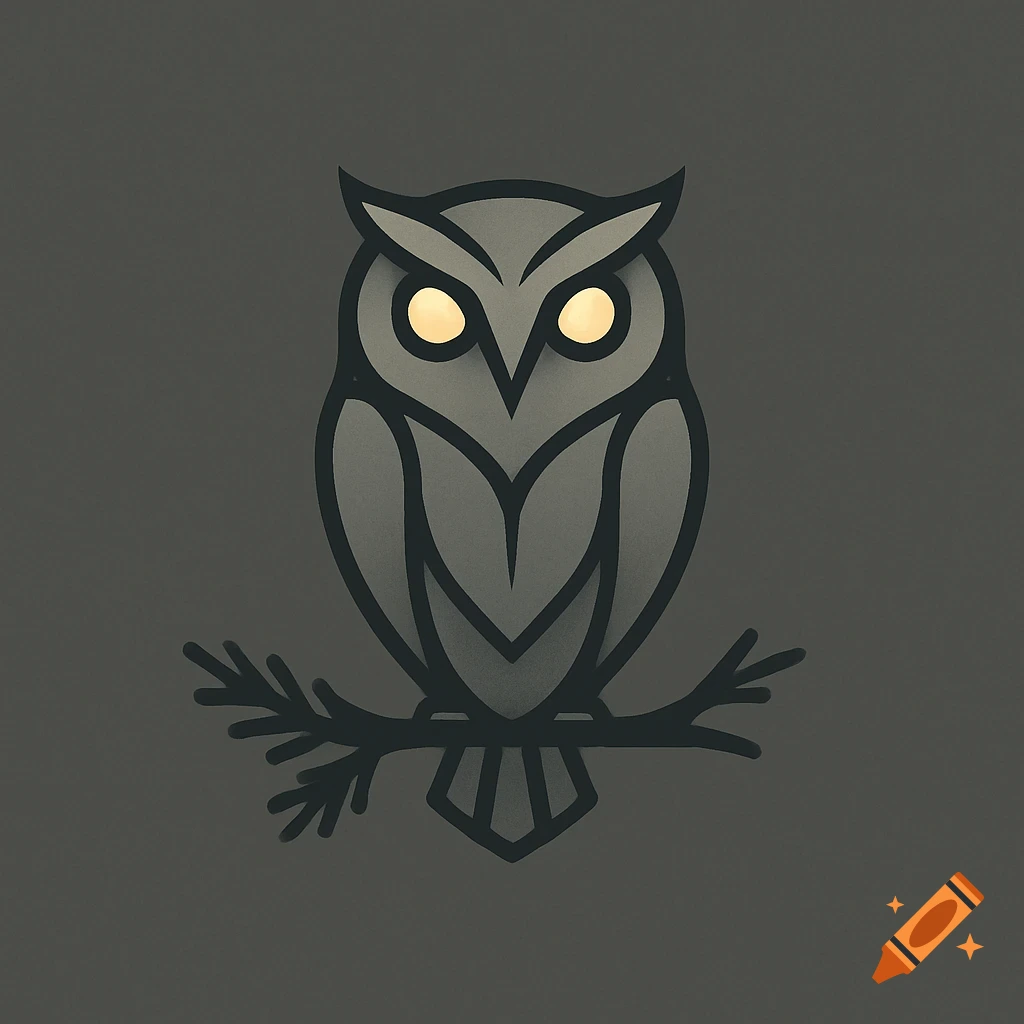 A minimalist logo of an owl with glowing eyes sitting on a branch, against a dark grey background.