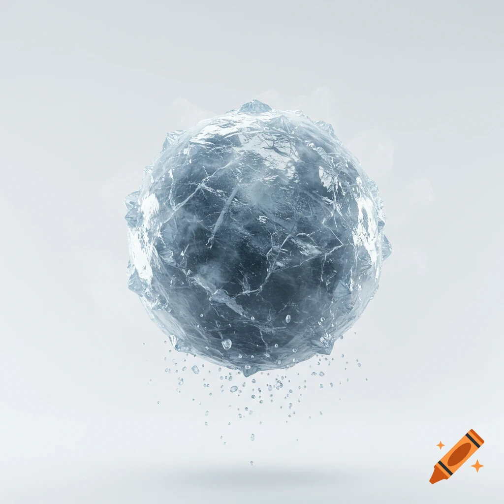 A detailed, jagged ice sphere floats against a minimalist white background, with water droplets falling from it.